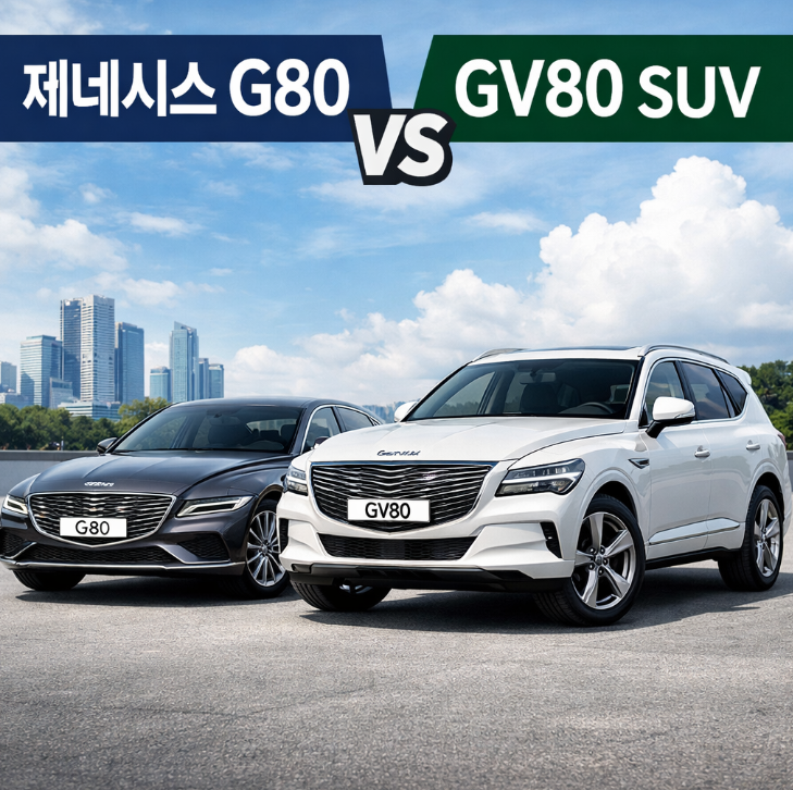 제네시스 G80 세단과 GV80 SUV가 나란히 서 있는 비교 이미지