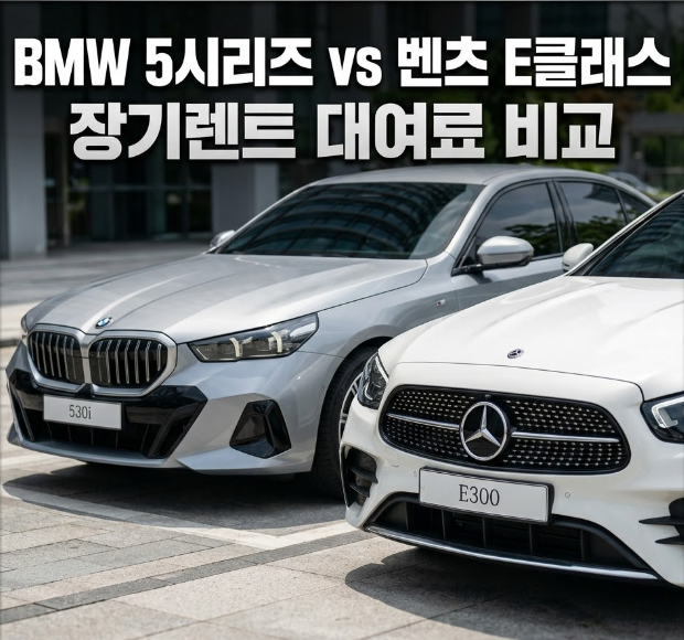 나란히 서 있는 실버 색상의 BMW 5시리즈와 화이트 색상의 벤츠 E클래스 외관